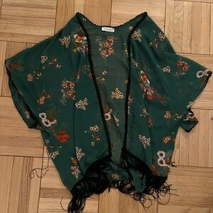 Green Floral Kimono with Fringe